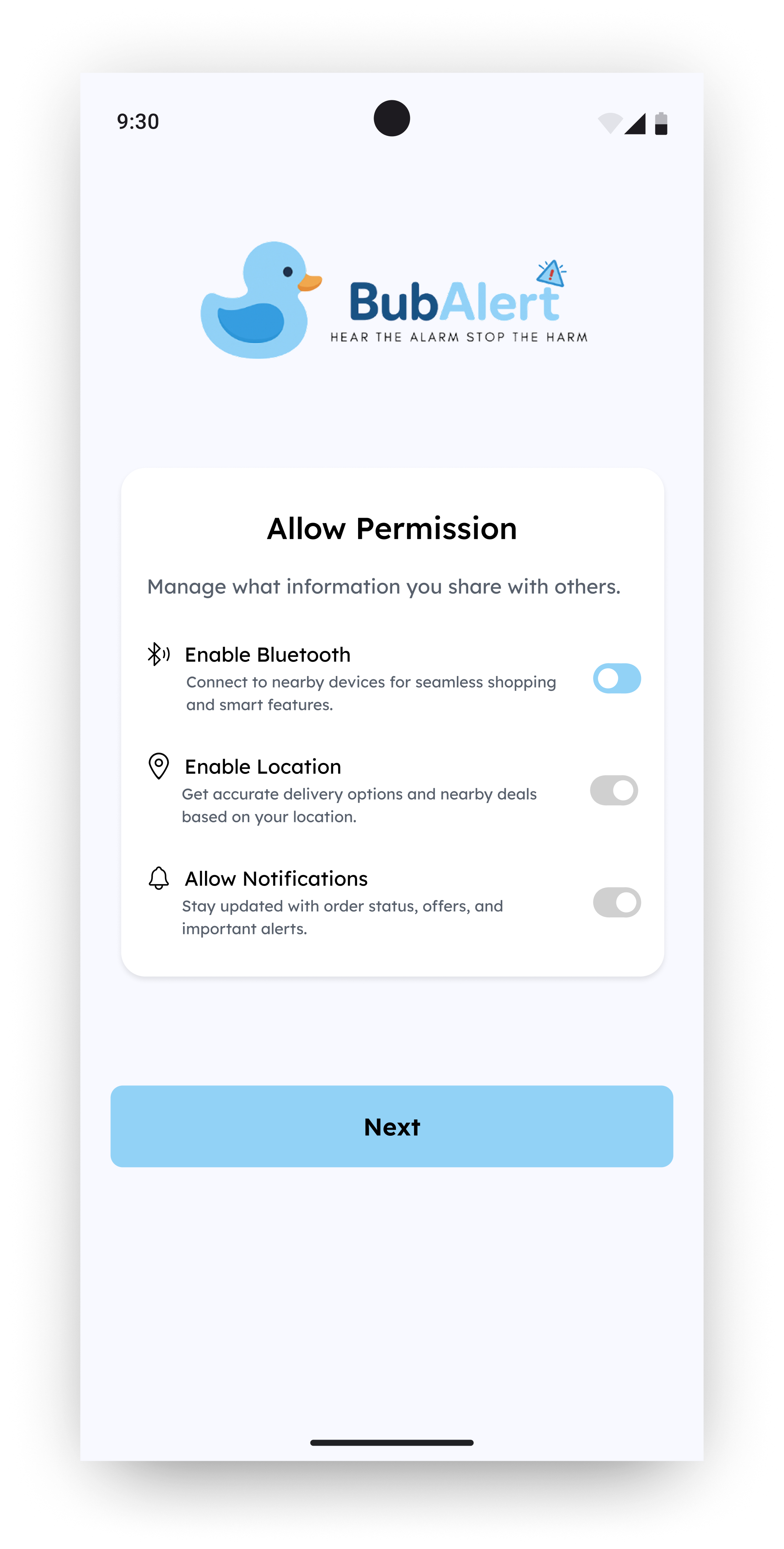 BubAlert Permissions screen