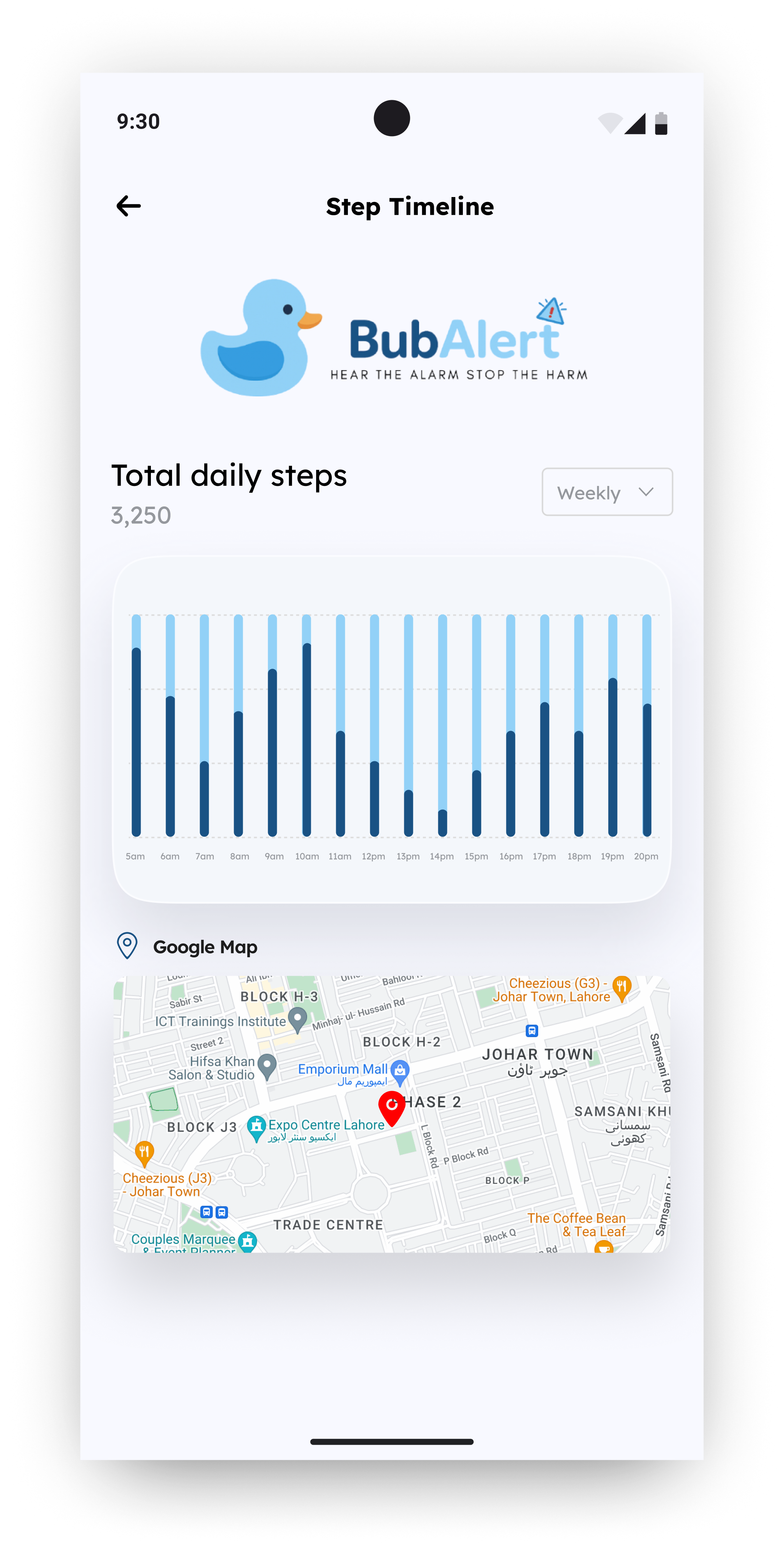 BubAlert Step Timeline screen